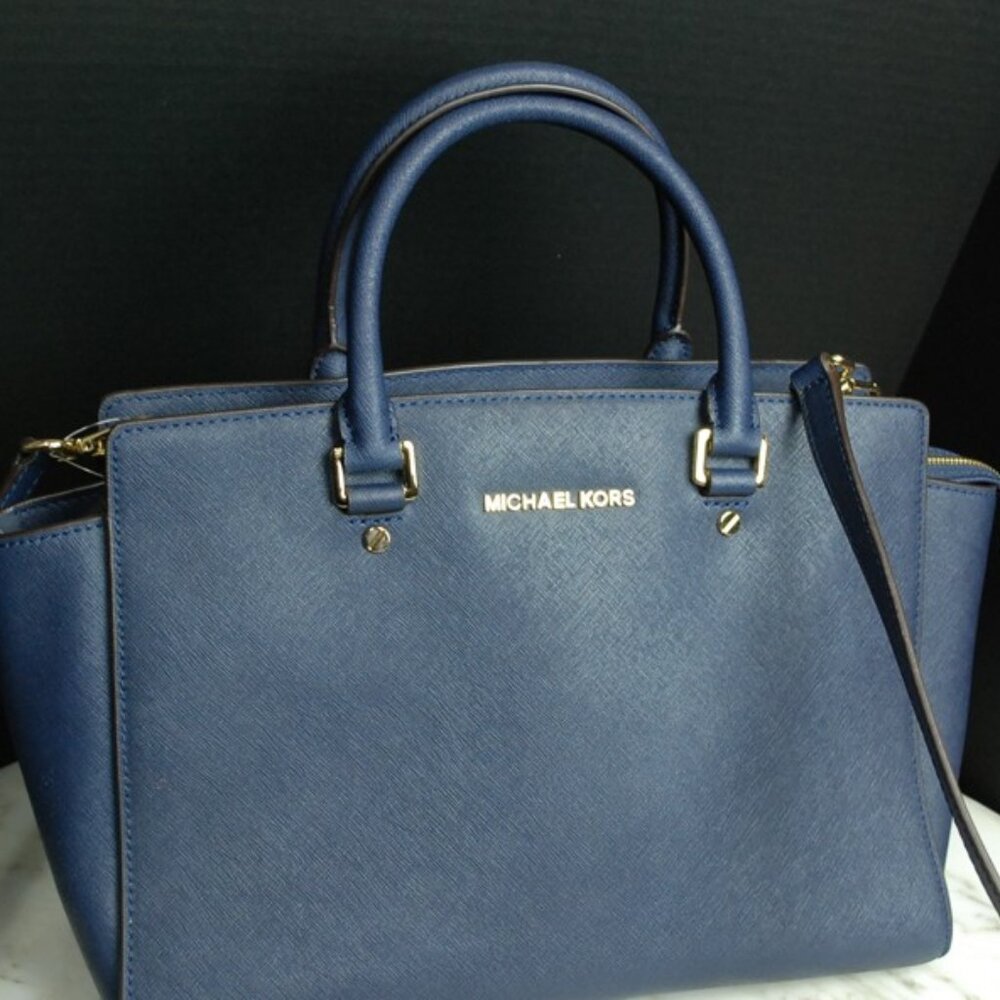 Michael Kors Blue Satchel with Gold Tone Hardware